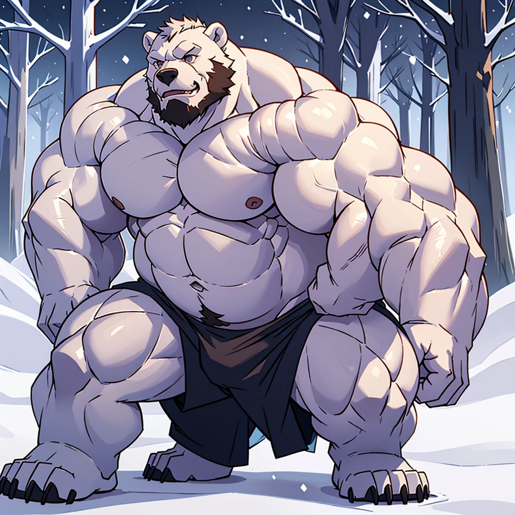 Solo, 1boy, huge muscular, snow, long beards, old man, (furry polar bear), shirtless, topless, competitive breifs, bulge, white bear, polar bear, snowy woods, body posing