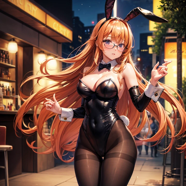 (Highest quality, masterpiece), Depth of written boundary, Blurred Background, cowboy_shot, Thick thighs, Are standing, alone, One girl, Long Orange Hair, (Ahoge:0.9), Glasses, Blunt bangs, Purple eyes, (Apply blush all over the face), ((Playboy Bunny, pantyhose, Bunny ears, High leg, High leg leotard, black leotard, leotard)), bar, night club, night,