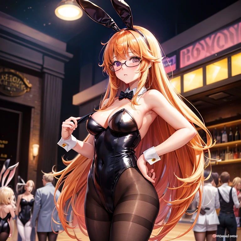 (Highest quality, masterpiece), Depth of written boundary, Blurred Background, cowboy_shot, Thick thighs, Are standing, alone, One girl, Long Orange Hair, (Ahoge:0.9), Glasses, Blunt bangs, Purple eyes, (Apply blush all over the face), (( Bunny, pantyhounny ears, High leg, High leg leotard, black leotard, leotard)), bar, night club, night,