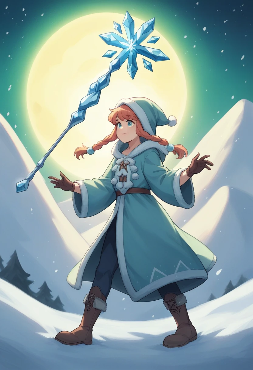 Create an animation-style character Clothing and Accessories:

dressing gown: Draw a long snow robe, decorated with patterns of snowflakes and ice crystals. The robe should have a flowing and light appearance.
Hood and Hat: Add a hood or pointy hat, similar to that of a witch, with snow and ice details.
gloves and boots: Include stylish gloves and tall boots, both adorned with icy details.
body hair e muka:

body hair: Hair must be long and snow-white, with a soft shine, almost like it&#39;s lit from within.
muka: Capture a serene and mysterious expression. The eyes can be deep blue or bright white, reinforcing the icy theme.
magical accessories:

staff: Craft an ice staff, with a crystalline tip that shines with a cold light.
Orbs or Runes: Add little orbs of light floating around her or magical runes shining in the air.
Scenario:

enviroment: Place the snow mage in an icy tundra setting, with snowy mountains in the background and the aurora borealis shining in the sky.
detaileds: Include snowflakes falling around her and ice crystals emerging from the ground, creating a magical and freezing atmosphere.
