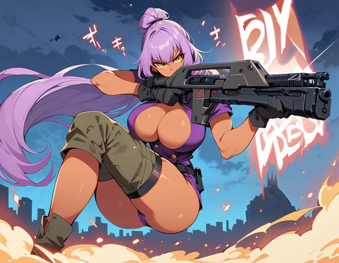 Long purple hair , yellow eyes, sexy, kaiju no. 8 uniform, ready to attack a kaiju, holding a advanced rifle weapon, aiming her weapon, tied hair, cute hairstyle, serious look, gloss lips, sit, sinister, facing away from viewer, tactical gear, tactical boots, tactical gloves, full body shot, beautiful eyes, large breasts, triple D cup breasts, round buttocks, bubbly buttocks, wide hips, bubbly ass, fit and strong, slender body , night, sensual, straigh hair cut, clear skin, evil, young 30 years girl, adult girl, solo, red, very long hair,