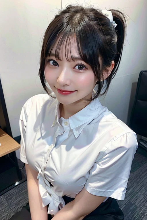 Best image quality、4K、8k、Highest quality、Perfect and dynamic composition、Naughty look、Black Hair、ponytail、A big smile、A girl is sitting in an empty office, Turn to me.(Big Breasts、G Cup、Beautiful breasts、valley、Age 25、Japanese、Korean、Short Bob Hair、Wearing a business suit、White shirt)
