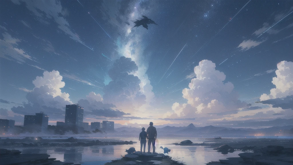 真っ暗なnight空,Octane, star (null), scenery, Blue parakeet,star, night, A girl and a boy back to back, sit,Back view,Outdoor, city,Blue parakeet,building, cloud, 天のriver,silhouette