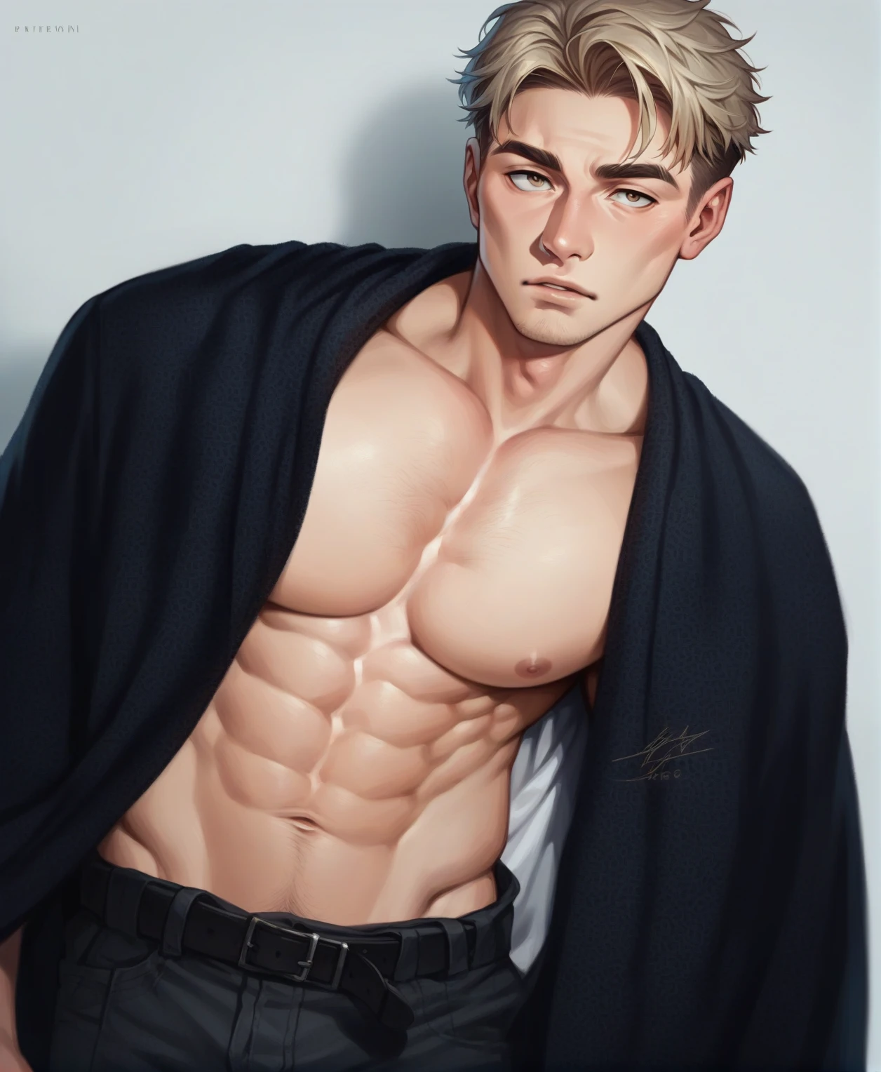 beautiful man, male beauty, cat eyes, frowning, muscled body, beautiful lips, beautiful nose, hd quality, Digital art