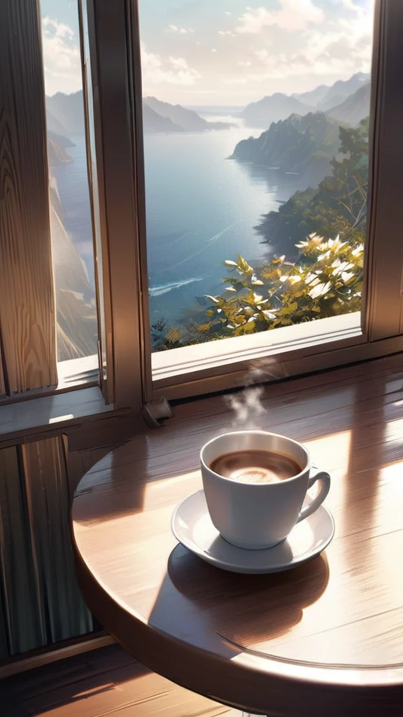 Realistic image: A gentle morning on a holiday, the view outside from the window, coffee on the table, faint steam rising from a coffee cup