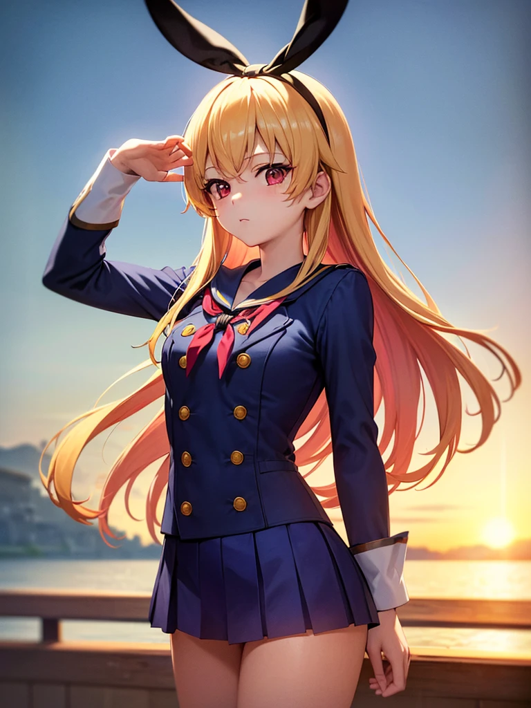 (masterpiece, best quality, highly detailed, ultra detailed, high resolution, absurdres, 4K, 8K:1.2), 
BREAK,shimakaze uniform:1.5, 10 years GIRL,Blonde_HAIR,RED eyes,(RED Ribbon on HAIRband:1.2)