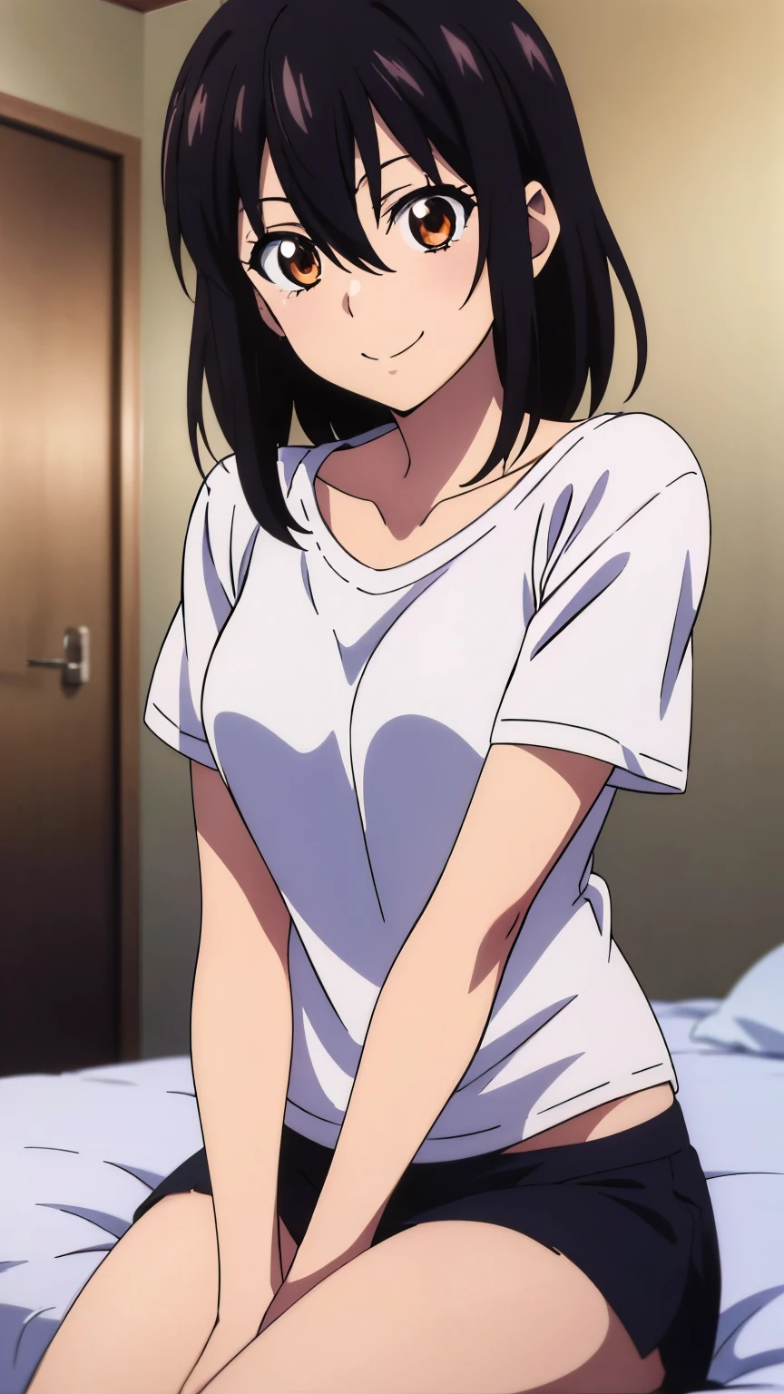 (highest quality, 8k, High resolution, masterpiece:1.2), Anime art style, Hyper Detail, himeragi yukina, Brown eye, Black Hair, Hair between the eyes, Medium Hair, 1 girl, Perfect Face, eye_Light_big,Small medium breast, Soft impression, alone, (T-shirt, room, bed, smile), Cowboy Shot,Observe the audience,