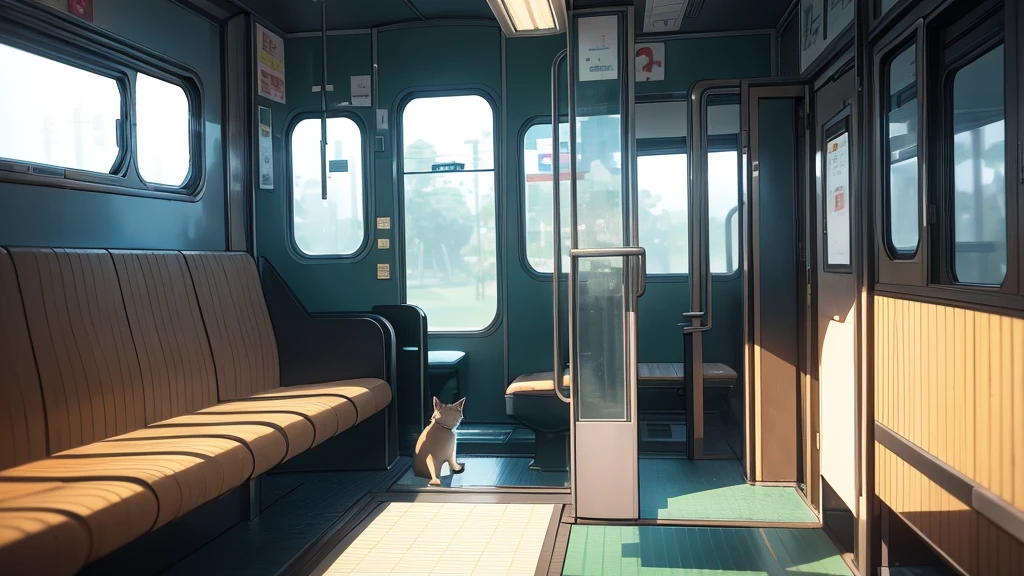 A cat in a bagon on the modern Tokyo train shot from inside looking at the chair and the quiet window in surreal anime style for background music cover. on a warm afternoon, Smooth and ethereal animation style, reminiscent of the works of Hayao Miyazaki mixed with the surrealism of 'Paprika'. Soft and dreamlike color palette: deep blues, soft greens and delicate pinks. The general atmosphere is serene and mystical. Composition that invites the viewer to immerse themselves in this dream world