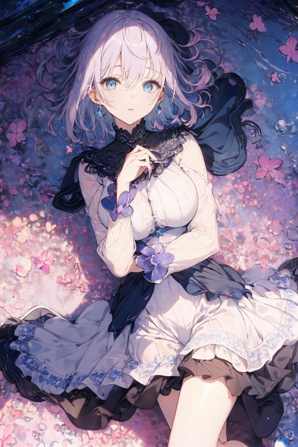 (summer clothing photo:1.1, in blue waterfront:1.5), Masterpiece, best quality, (very detailed CG unity 8k wallpaper), (best quality), High definition RAW color art, Animation,sculptures, (black Marble Skin), (((Ultra detailed elegant))), Magical atmosphere, Detailed skin, Texture,(Intricately detailed, Fine detail, ultra-detail art), depth of fields, bokeh, Silky Touch, Hyper Detail, beautiful eyes, Elegant Face, (lying on pink glass floor), sparkle background, enormous breast:1.3, (silver hair), pastel purple, embarrassing face, wide open udder, short hair