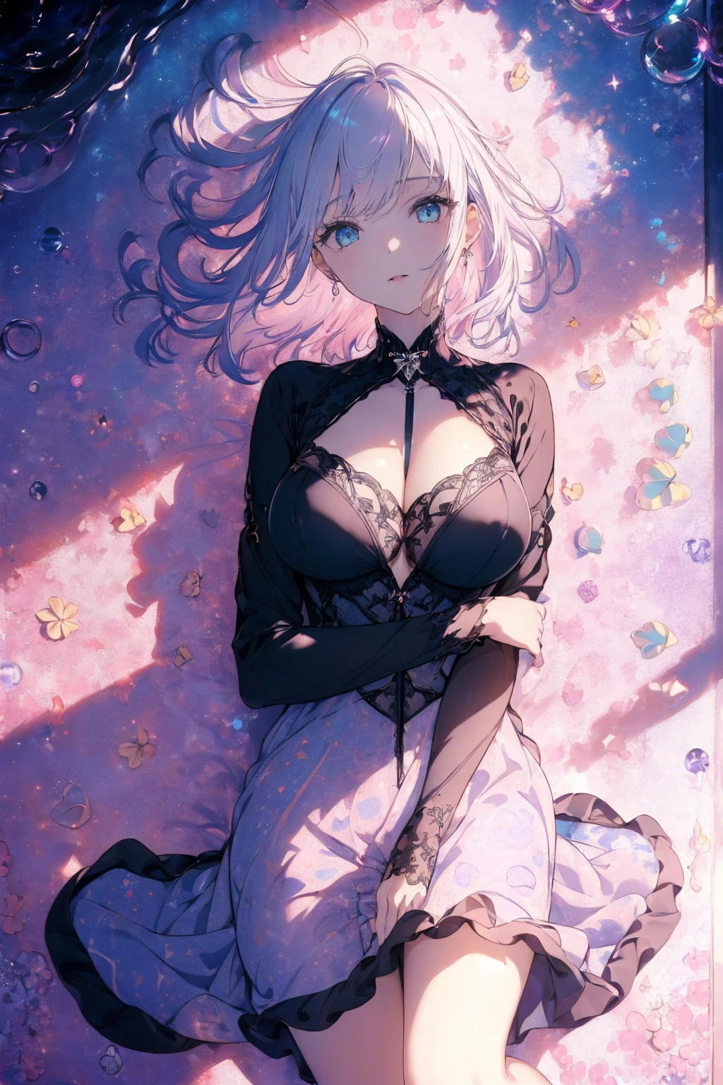 (summer clothing photo:1.1, in blue waterfront:1.5), Masterpiece, best quality, (very detailed CG unity 8k wallpaper), (best quality), High definition RAW color art, Animation,sculptures, (black Marble Skin), (((Ultra detailed elegant))), Magical atmosphere, Detailed skin, Texture,(Intricately detailed, Fine detail, ultra-detail art), depth of fields, bokeh, Silky Touch, Hyper Detail, beautiful eyes, Elegant Face, (lying on pink glass floor), sparkle background, enormous breast:1.3, (silver hair), pastel purple, embarrassing face, wide open udder, short hair