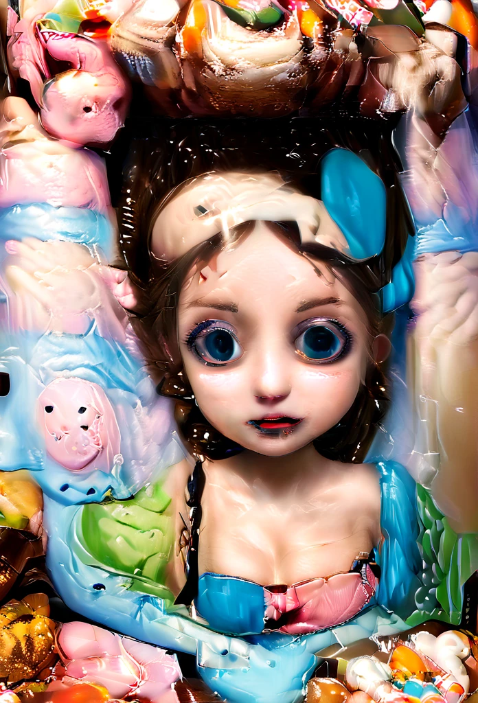 Aerial perspective Of a girl like as character from fairytales, two Braids, big perfect eyes, detailed skin, between walls of sweets, candies, cakes, pieces of cake and other confections, by (john Wilhelm:1.36)