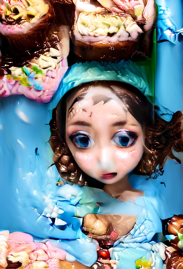 Aerial perspective Of a girl like as character from fairytales, two Braids, big perfect eyes, detailed skin, between walls of sweets, candies, cakes, pieces of cake and other confections, by (john Wilhelm:1.36)
