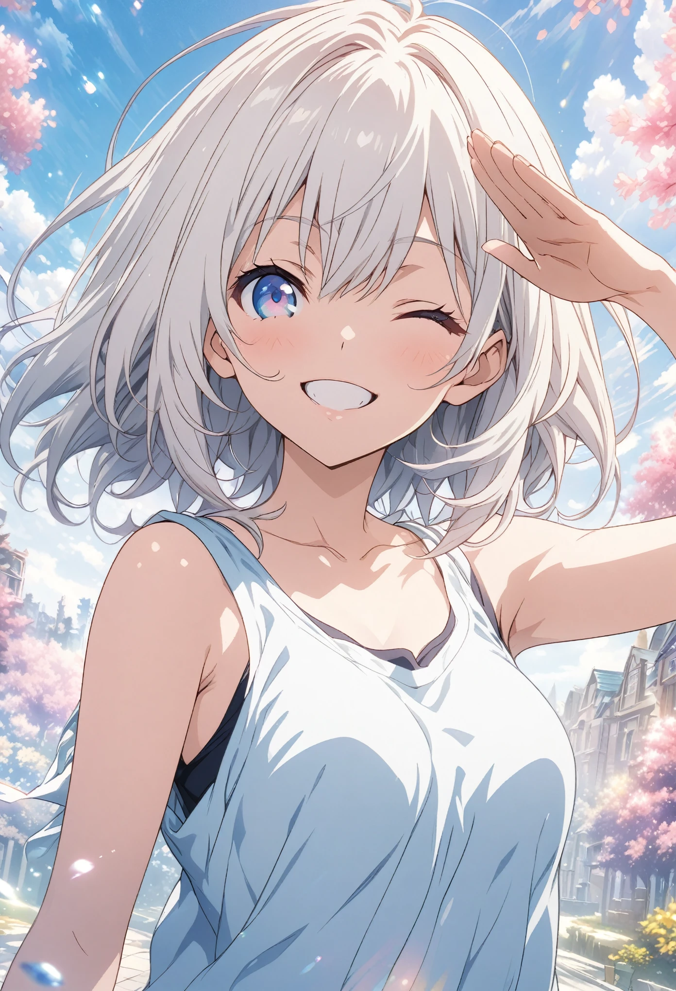 masterpiece, Highest quality, Highly detailed CG Unity 8k wallpaper, High School Girl Anime Illustration. Wear an oversized tank top、Salute、she has her eyes closed and mouth open, smile. The background is a light pastel colored landscape., White hair color