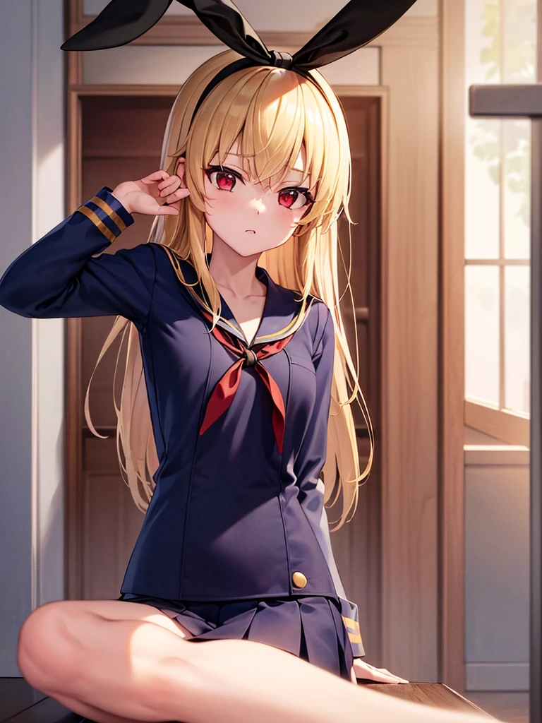 (masterpiece, best quality, highly detailed, ultra detailed, high resolution, absurdres, 4K, 8K:1.2), 
BREAK,shimakaze uniform:1.5, 10 years GIRL,Blonde_HAIR,RED eyes,(RED Ribbon on HAIRband:1.2)