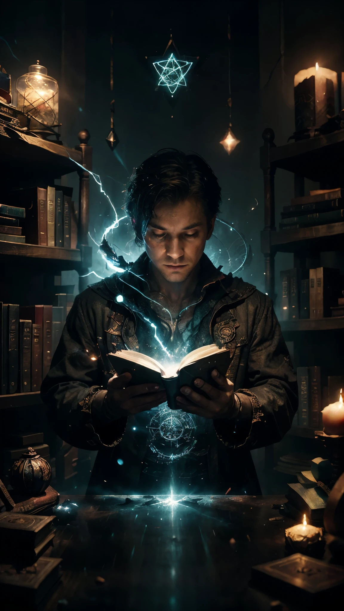 Sorcerer doing spells, look at the camera, books floating in the background, illuminated magic symbols scattered around the sorcerer, background shelves with books in perspective, colored fog, enigmatic atmosphere, cinematic lighting. Artistic movie poster style photography.
