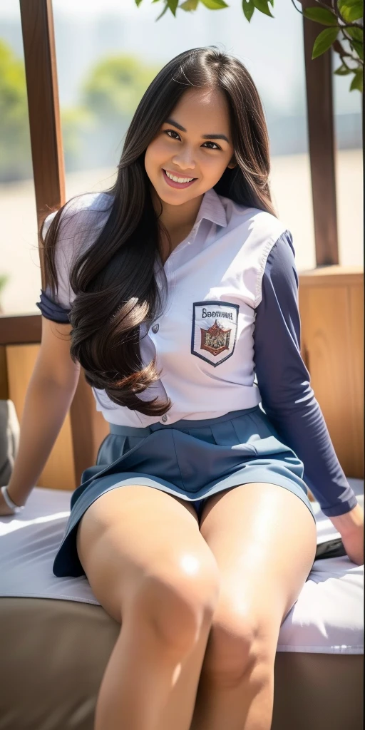 1girl, solo, sensual, top-quality, (professional lighting without shadows), view from far, (ultra wide angle shot: 1.4), (Indonesian_high_school), fit body, long hair, beautiful hairstyle, very seductive pose, little smile, sitting on top of bed, detailed face, detailed eyes, unparalleled beauty, looking at the audience, thick breasts, detailed skin, fit thighs, fit arms, muscular belly, looking at the viewer, wearing very short grey blue skirt, wearing white shirt, (8k, RAW photo, best quality, masterpiece: 1.2), (realistic, realistic: 1.5), ultra-high resolution, hyper-realistic