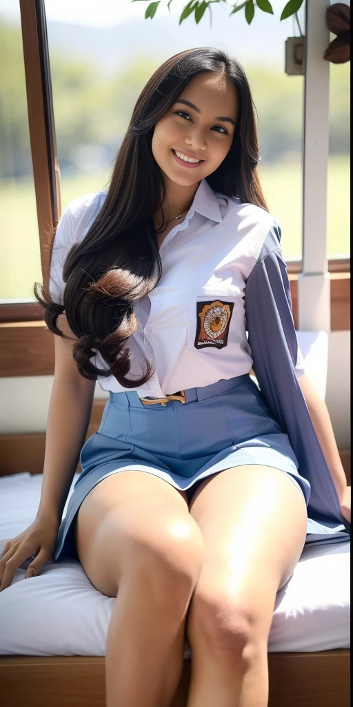 1girl, solo, sensual, top-quality, (professional lighting without shadows), view from far, (ultra wide angle shot: 1.4), (Indonesian_high_school), fit body, long hair, beautiful hairstyle, very seductive pose, little smile, sitting on top of bed, detailed face, detailed eyes, unparalleled beauty, looking at the audience, thick breasts, detailed skin, fit thighs, fit arms, muscular belly, looking at the viewer, wearing very short grey blue skirt, wearing white shirt, (8k, RAW photo, best quality, masterpiece: 1.2), (realistic, realistic: 1.5), ultra-high resolution, hyper-realistic
