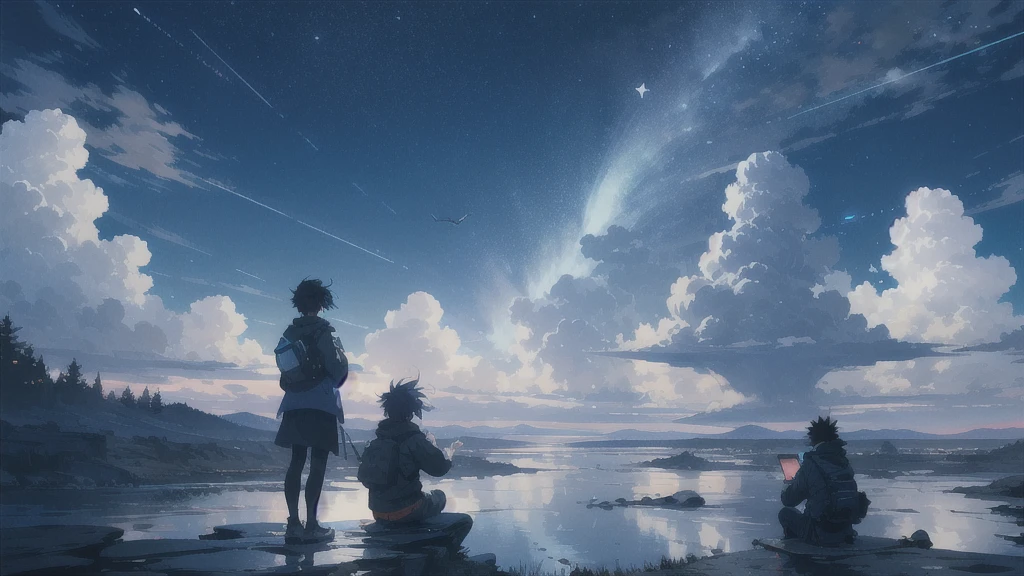 真っ暗なnight空,Octane, star (null), scenery, Blue parakeet,star, night, A girl and a boy back to back, sit,Back view,Outdoor, city,Blue parakeet,building, cloud, 天のriver,silhouette