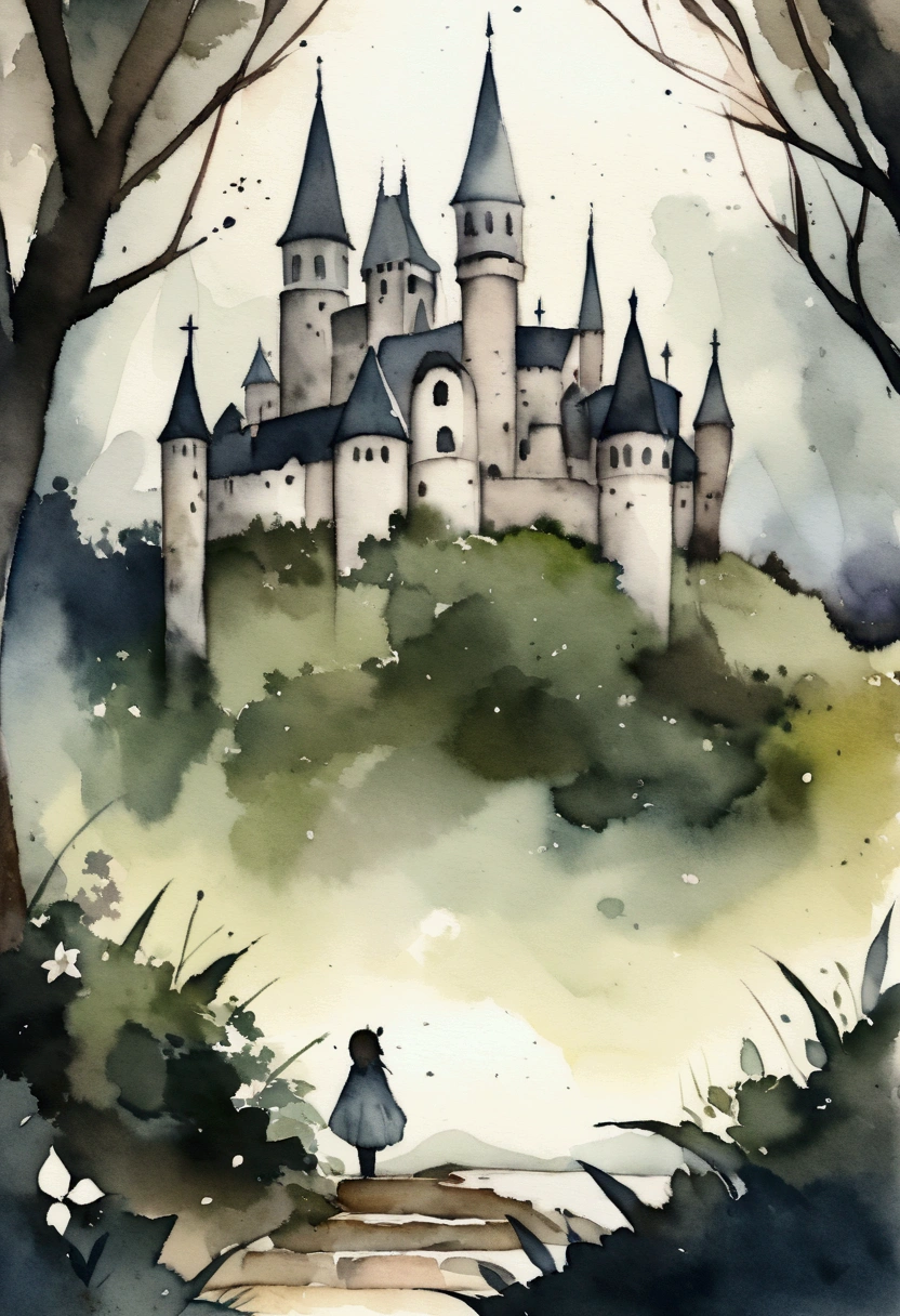 A black castle in a dark forest Dark fantasy Picture books watercolor