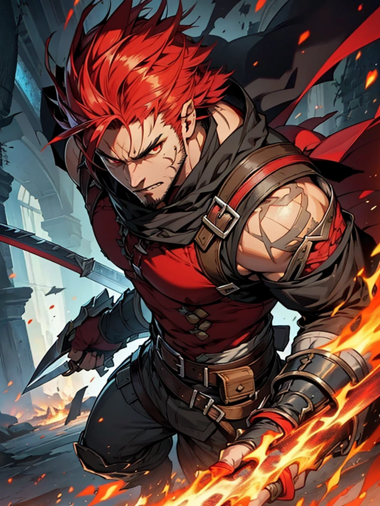 Damaged hair from fire,1 man, Red Eyes, Serious expression, Monster Hunter Style, fantasy sword on each hand, rowdy, handsome, high details, full body art