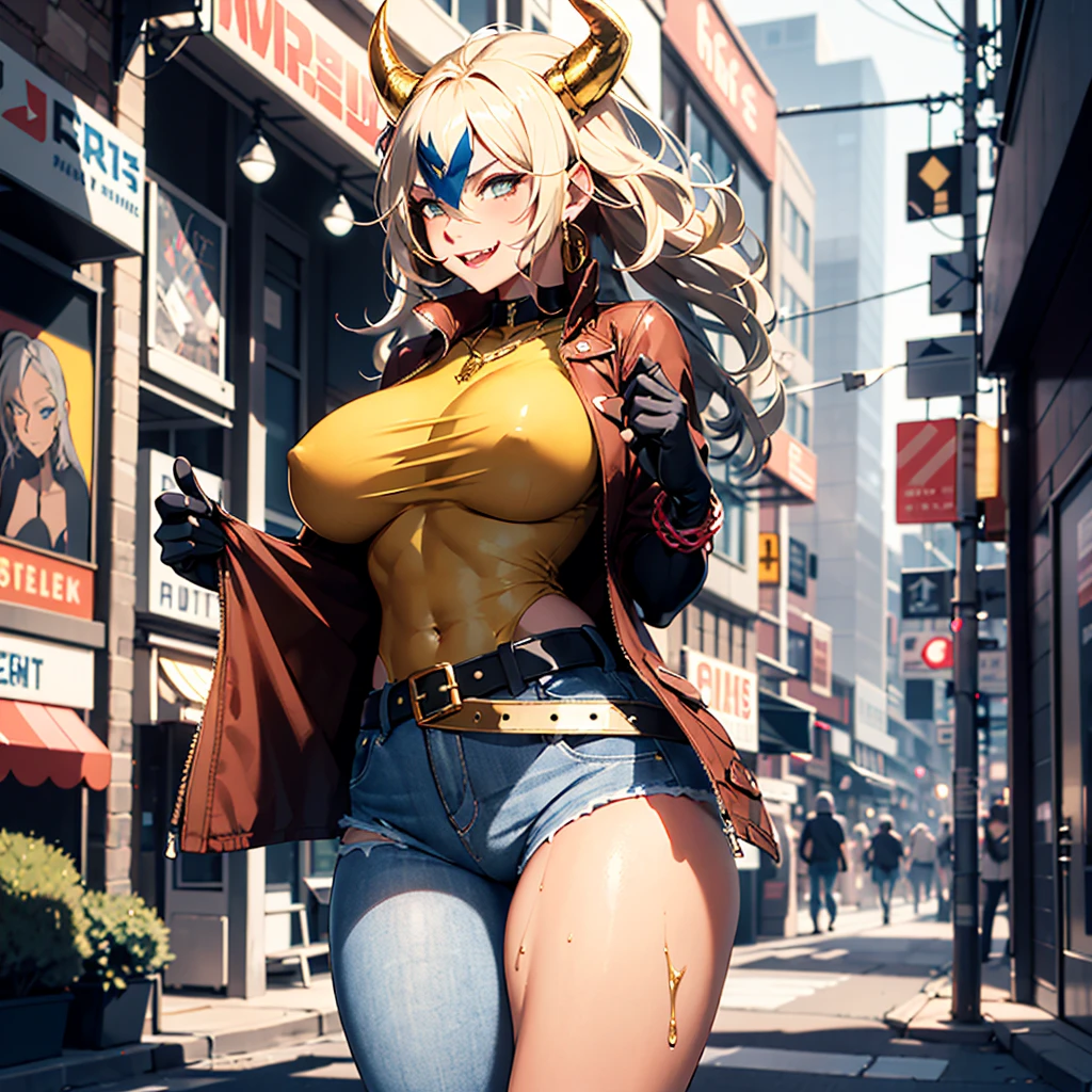 ((best quality)), ((masterpiece)), (detailed), 1girl, 8k_wallpaper, extremely detailed eyes, extremely detailed body, beautiful face, perfect face, detailed ((blonde hair)), (gold eyes), (( big blue horns)), {{dark skin}}, ({dark skinned female}), gigantic breasts, thick thighs, strong arm and leg muscles, strong abdominal muscles, Korean women pornstar, a predatory mischievous smile with fangs, a vulgar smile, a playful look, style - a hot rock girl, a dark red open jacket with rolled up sleeves, a belt of yellow silk and gold chains, gold bracelets and leather short gloves, short denim mini shorts through which the outlines of a wet woman appear pussy, a rock guitar hanging behind his back, walking down the street of the evening city,