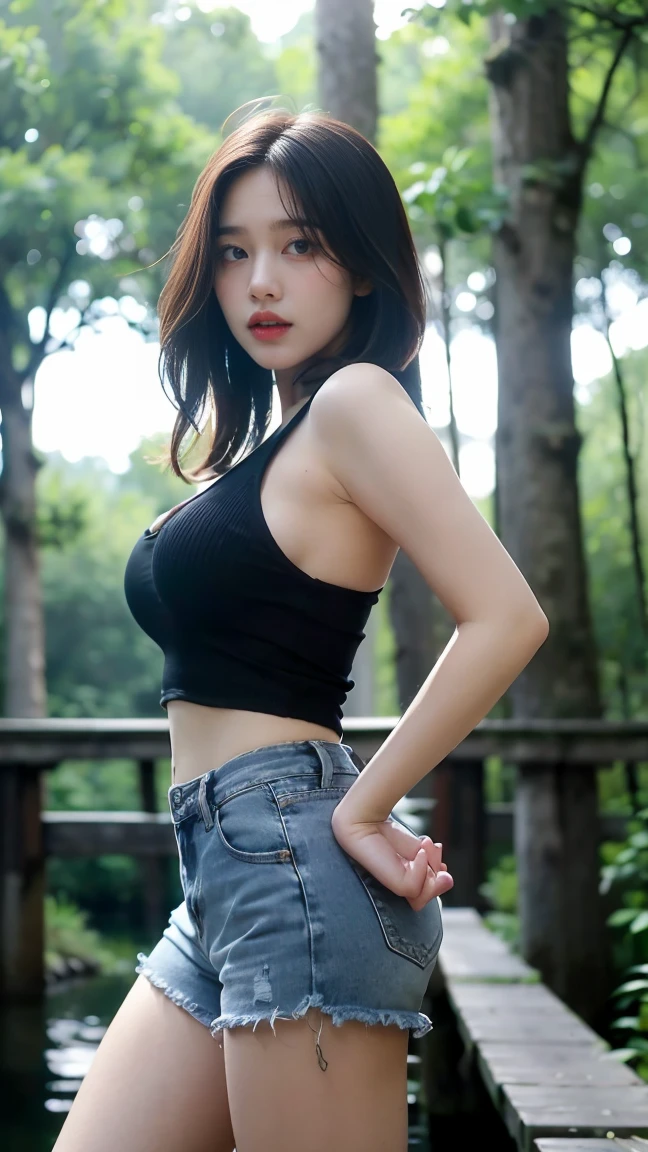 no, Ray tracing, Radio City, Anisotropic filtration, 16,000, best quality, 1 woman, alone, mature, The floating smoke makes the atmosphere look scary., Tank top, jeans shorts, Gradient long hair, laugh、night time、((big breasts)) 、(((Old wooden bridge in the forest))) (The atmosphere is like being in a horror movie.)