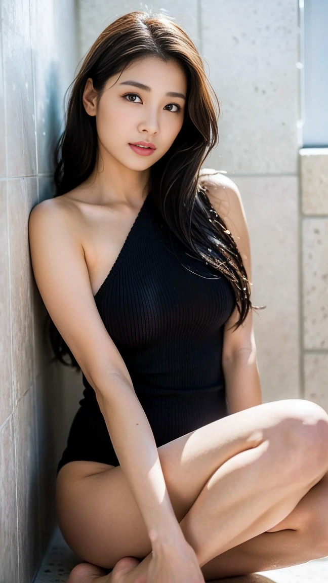dark brown hair、Light brown eyes、Japanese actress、Lady、I am about 40 years old........、(My NTR More about my category:1.2)、(top-qual私ty:1.4)、 (Ultra-high resolution:1.2)、Ultra-high resolution、(Private Detective Data)、(Detailed facial features)、Hmph、8K resolut私on、D cup breasts、Long Hair、Obscene pose、Beautiful legs、Leaning against a wall、Bend only one leg、stretched one leg、Please lift your chin a little、Expressions of sadness、、black one piece、A refreshing bathroom bathed in morning sunlight、2Booklegs、2Book Hand、Beautiful legs、White knitted crop top、White marble wall、The sunlight poured in.、The sun is shining、hit by shower water、Soaking wet、Wet Skin、Soaking wetの髪の毛、splash、Wet Hair、Are crying、Deep sorrow、