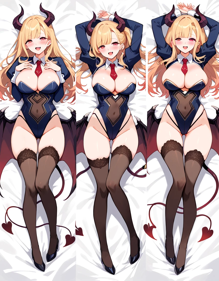 3 girls, expressions, dakimakura, variety of hairstyles, variety of bangs, high fantasy costume, ((white background)), full body, multiple views, succubus, thong, shrug, leotard, cleavage, tie,