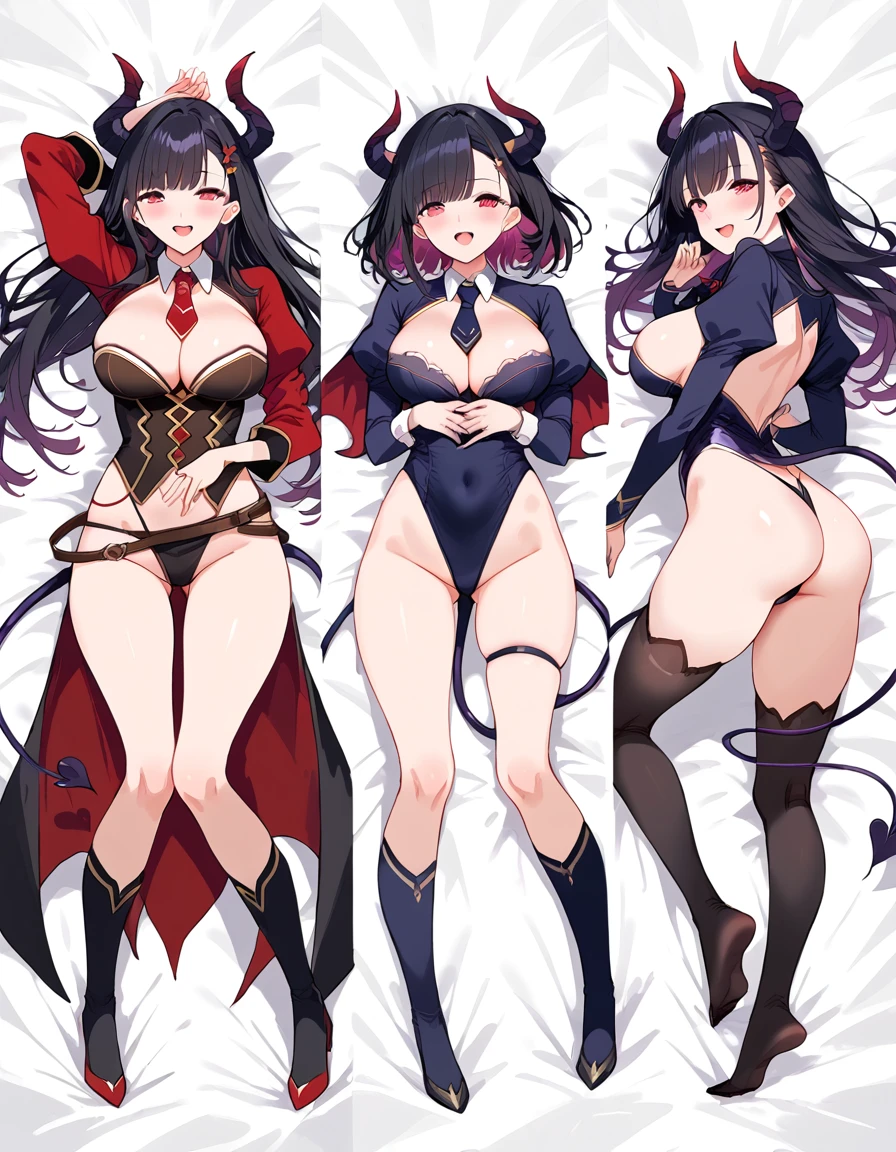 3 girls, expressions, dakimakura, variety of hairstyles, variety of bangs, high fantasy costume, ((white background)), full body, multiple views, succubus, thong, shrug, leotard, cleavage, tie,