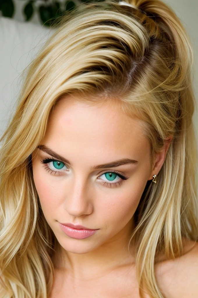 A photo of the top of an Instagram model, a beautiful woman, with blonde hair and green eyes, with a naughty face