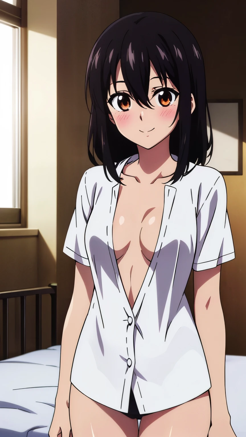 (highest quality, 8k, High resolution, masterpiece:1.2), Anime art style, Hyper Detail, himeragi yukina, Brown eye, Black Hair, Hair between the eyes, Medium Hair, 1 girl, Perfect Face, eye_Light_big,Small medium breast, Soft impression, alone, (front open shirt, room, bed, smile,blush), Cowboy Shot,Observe the audience,