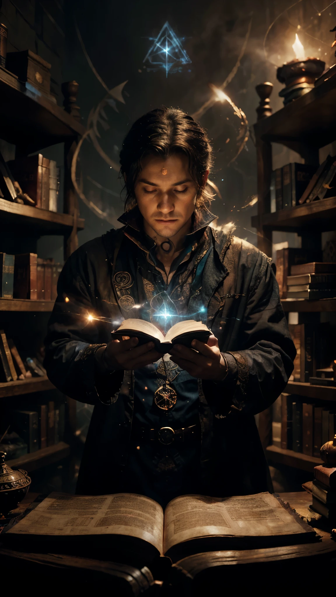 Sorcerer doing spells, look at the camera, books floating in the background, illuminated magic symbols scattered around the sorcerer, background shelves with books in perspective, colored fog, enigmatic atmosphere, cinematic lighting. Artistic movie poster style photography.