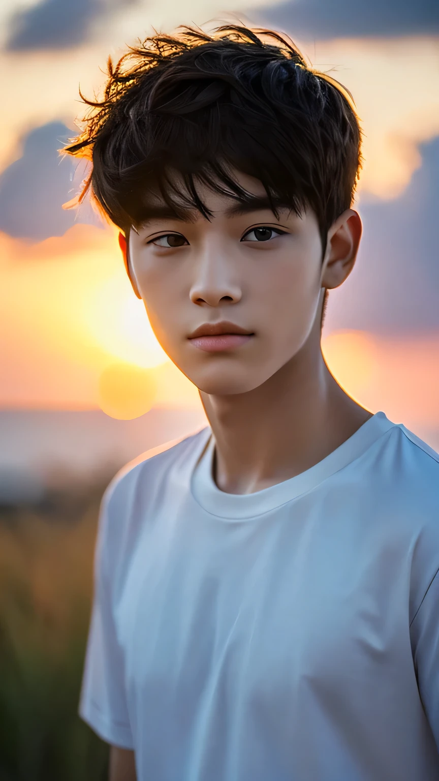 Highest quality, masterpiece, Ultra-high resolution, (Realistic: 1.4), Original photo, wallpaper, Head Photo, skin, Simple Background, Iris, detailed, Selfie, 1 boy, 18-year-old, good looking, Wind,sunset