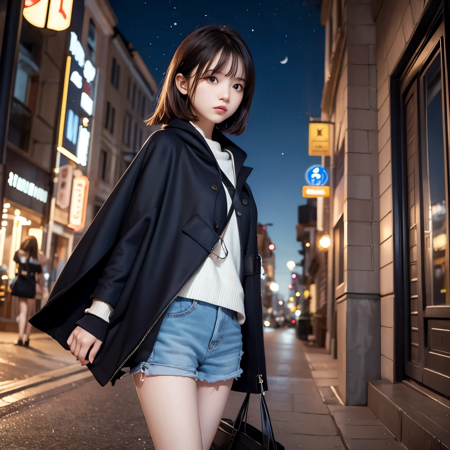 Night Sky, city,  One girl, Are standing, alone, whole body, , Maribe, puffy short sleeve,  Cape, bag