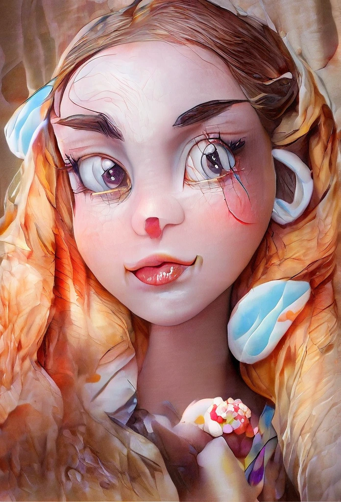Aerial perspective Of a girl like as character from fairytales, two Braids, big perfect eyes, detailed skin, between walls of sweets, candies, cakes, pieces of cake and other confections, by (john Wilhelm:1.36)