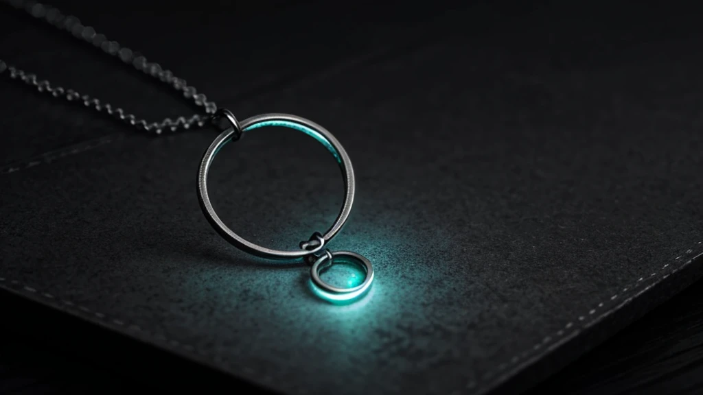 gray necklace, metal, fantasy, glowing effect, epic, dark gray background, earring on a dark gray table, legendary looking, gray glow