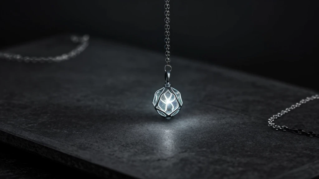 gray necklace, metal, fantasy, glowing effect, epic, dark gray background, earring on a dark gray table, legendary looking, gray glow