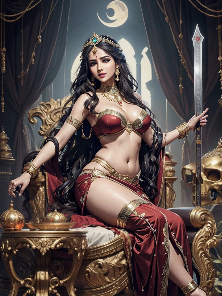 1 goddess, detailed face, beautiful eyes, intoxicating gaze, long flowing hair, four arms, smiling expression, crescent moon on forehead, slim curvy figure, big breasts, perspiring slightly, three folds of skin and vertical line of hair below navel, seated on corpse throne, wearing red garments and jewelry, holding skull in left hand and sword in right hand, acrylic on canvas, baroque style, inspired by Indian mythology, (best quality,4k,8k,highres,masterpiece:1.2),ultra-detailed,(realistic,photorealistic,photo-realistic:1.37),highly detailed description, by Peter Paul Rubens