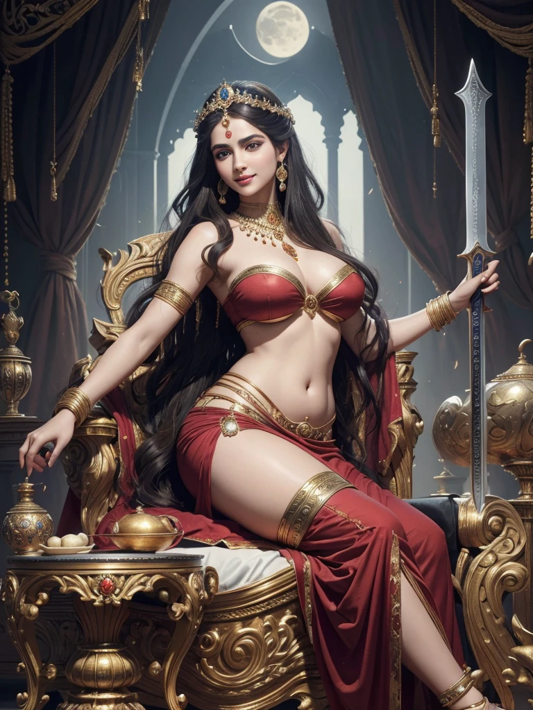 1 goddess, detailed face, beautiful eyes, intoxicating gaze, long flowing hair, four arms, smiling expression, crescent moon on forehead, slim curvy figure, big breasts, perspiring slightly, three folds of skin and vertical line of hair below navel, seated on corpse throne, wearing red garments and jewelry, holding skull in left hand and sword in right hand, acrylic on canvas, baroque style, inspired by Indian mythology, (best quality,4k,8k,highres,masterpiece:1.2),ultra-detailed,(realistic,photorealistic,photo-realistic:1.37),highly detailed description, by Peter Paul Rubens