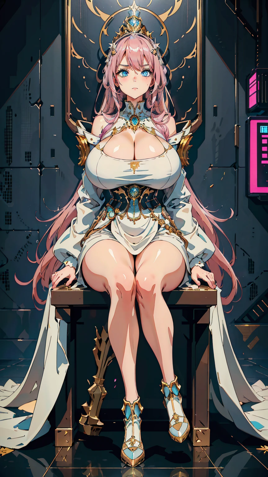 1 confident woman with floor-length pink hair, huge and big breasts, Futuristic royal costume in white with black and gold details, tall woman, blue detailed eyes, sitting on the throne of skulls , judgmental look, golden metal skulls, sovereign pose, cyberpunk queen