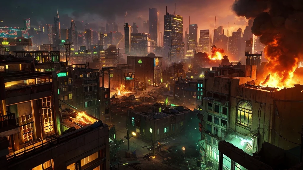 A picture taken from a video game shows a city destroyed by fire, city in ruins, fire, city on fire, blues, purples, yellows