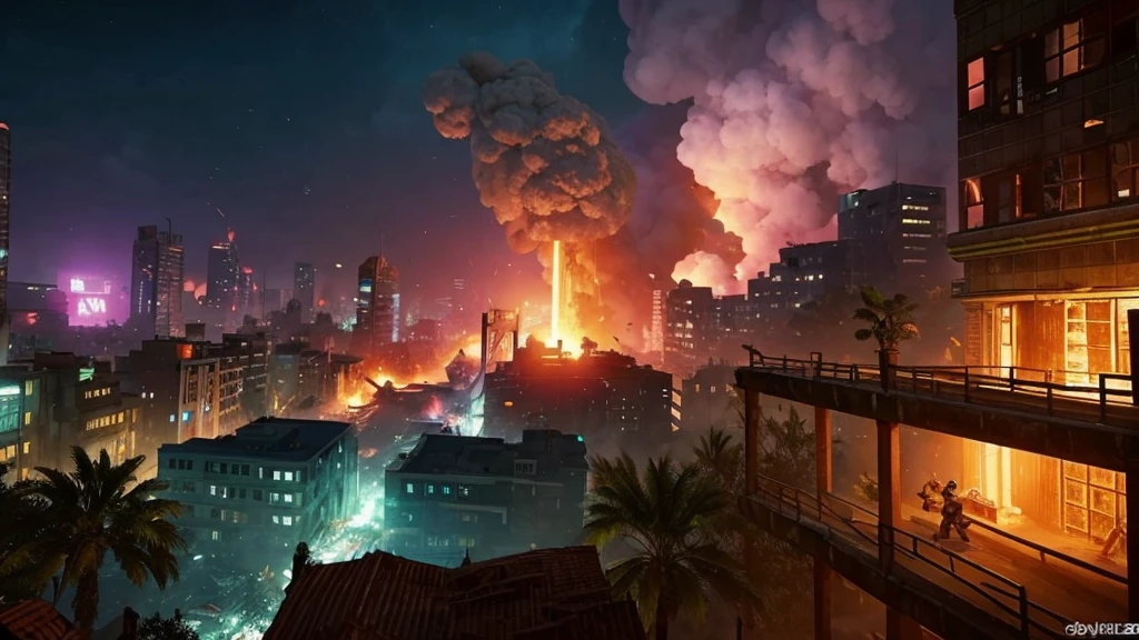 A picture taken from a video game shows a city destroyed by fire, city in ruins, fire, city on fire, blues, purples, yellows