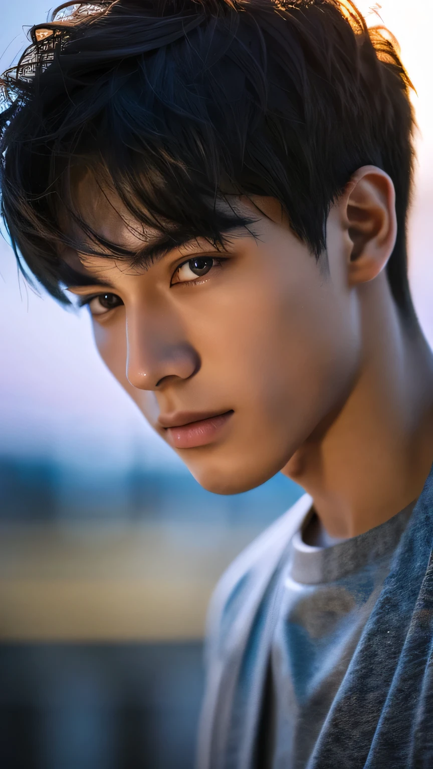 Highest quality, masterpiece, Ultra-high resolution, (Realistic: 1.4), Original photo, wallpaper, Head Photo, skin, Simple Background, Iris, detailed, Selfie, 1 boy, 18-year-old, good looking, Wind,Night view