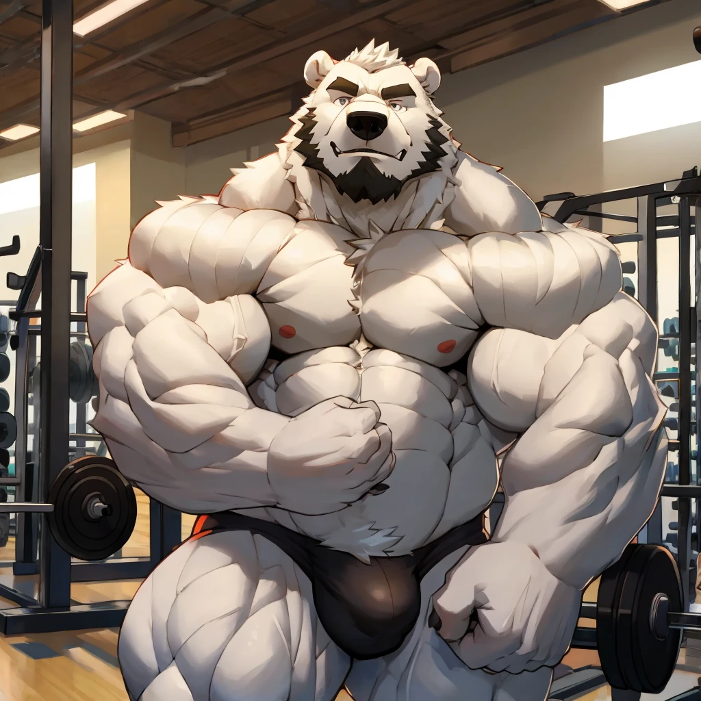 Solo, 1boy, huge muscular, long beards, old man, (furry polar bear), shirtless, topless, competitive breifs, bulge, white bear, polar bear, gym fitness center, body posing