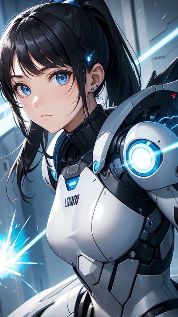 White cyborg suit、、beautiful girl、ponytail、Black Hair、fight、blue beam、A Cup、Sparks fly, face closeup