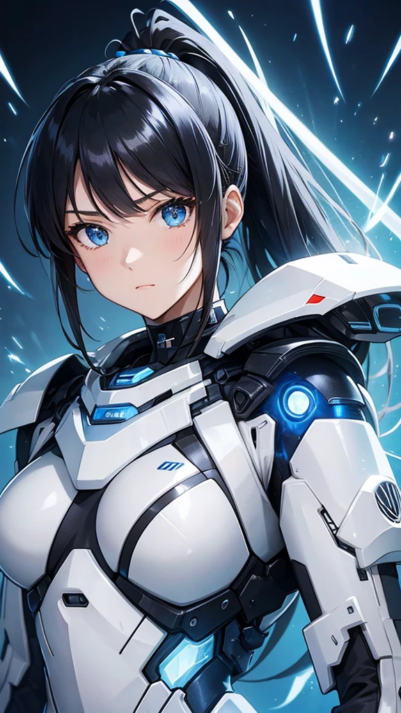 White cyborg suit、17 years old、beautiful girl、ponytail、Black Hair、fight、blue beam、A Cup、Sparks fly, face closeup