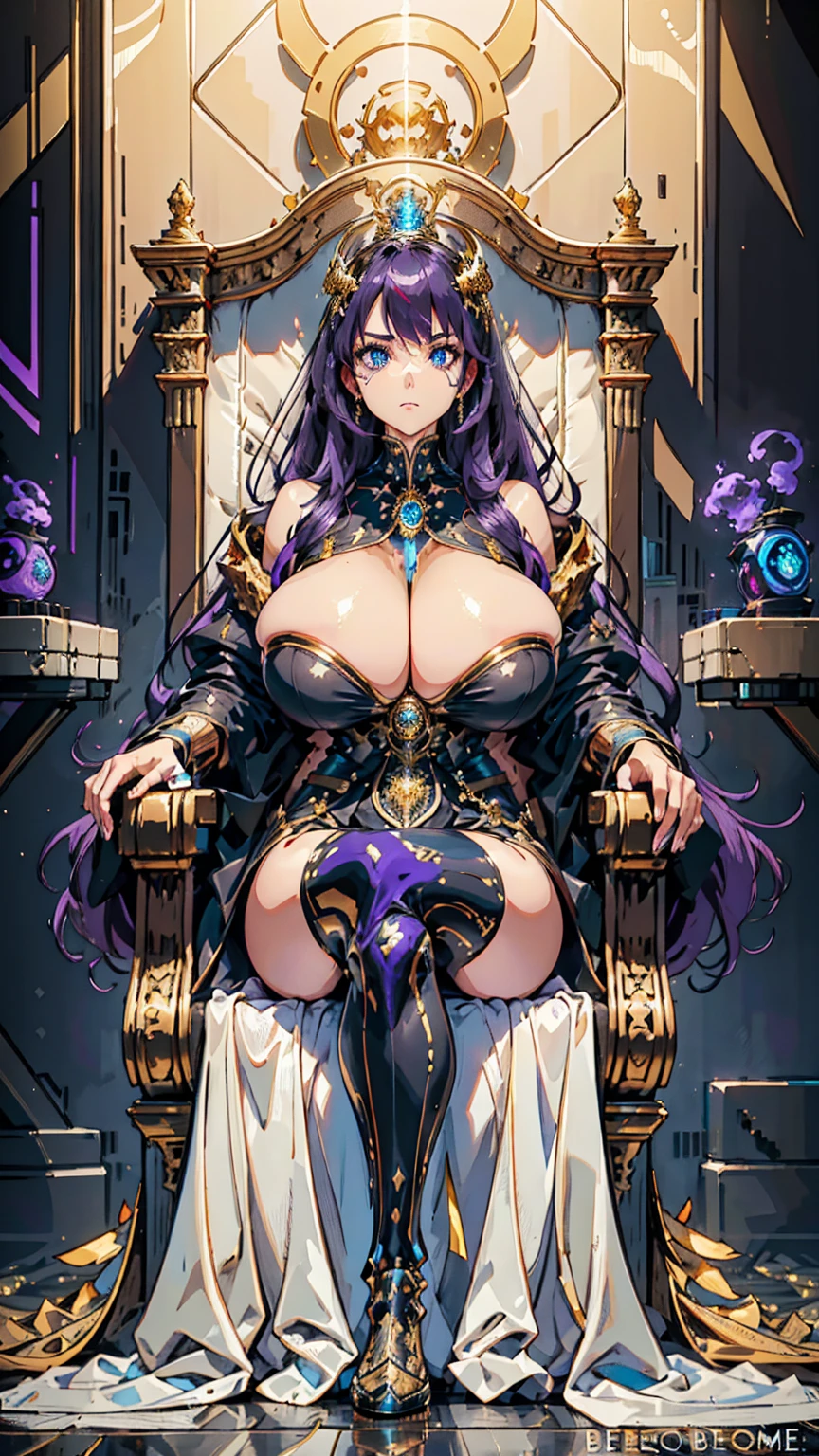 1 confident woman with floor-length purple hair, huge and big breasts, Futuristic royal costume in white with black and gold details, tall woman, blue detailed eyes, sitting on the throne of skulls , judgmental look, golden metal skulls, sovereign pose, cyberpunk queen