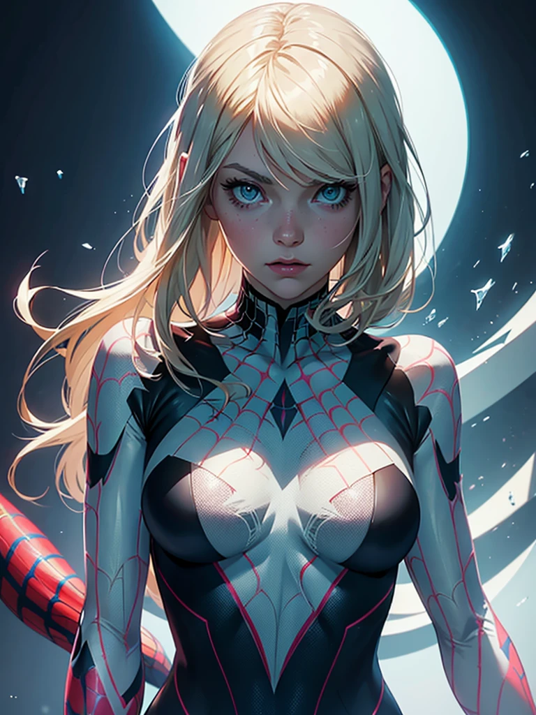 Behind, (masterpiece), Best quality, expressive eyes, perfect face, a high resolution, 1 girl, One, gwen stacy, SPIDER GWEN, Spider-Gwen Costume, Body, without masks, blonde hair, standing, portrait, I look at the viewer, 