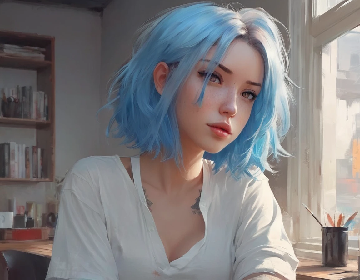 There is a blue-haired woman, Guweiz style art, Guweiz, beautiful character painting, Guweiz in ArtStation Pixiv, Guweiz in Pixiv ArtStation, stunning anime face portrait, beautiful digital art, Wlop Rossdraws, Guweiz Masterpiece, detailed digital anime art  