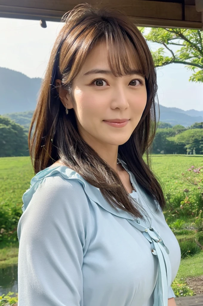 ((Highest quality)), ((masterpiece)), (detailed),Perfect Face,Japanese,landscape,Mature Woman,Upper Body
